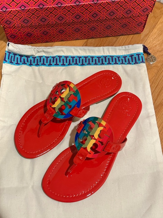 Tory Burch Shoes - Tory Burch Miller Rainbow Logo Sandals Ruby Red Patent Leather Size 7 Brand New